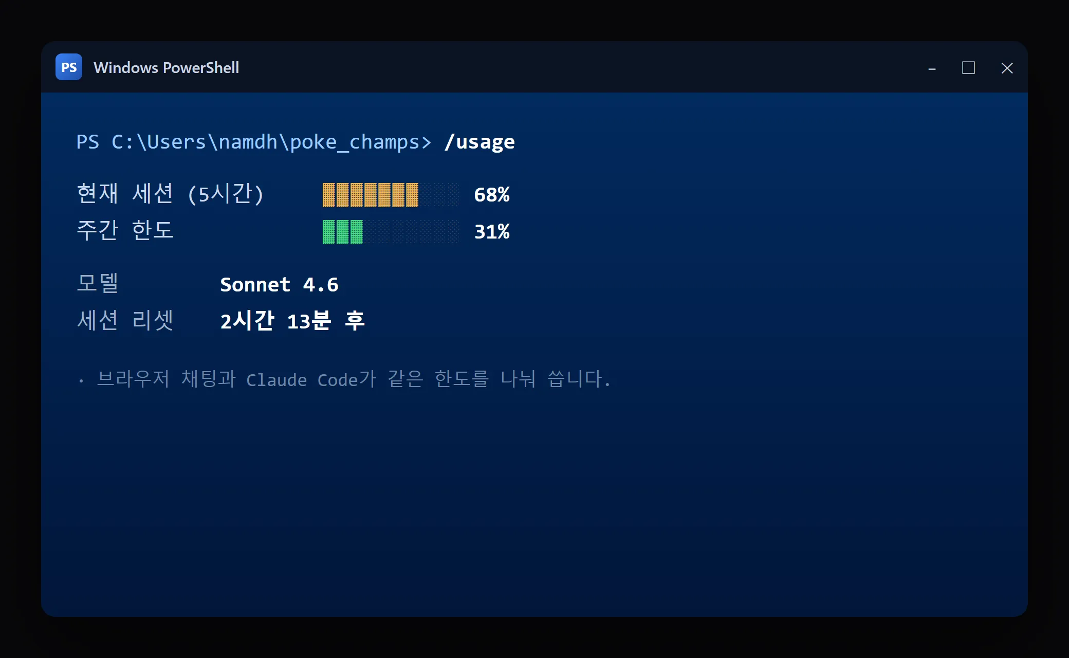 사용량 확인 화면 예시 — 현재 세션과 주간 한도가 막대로 표시된다